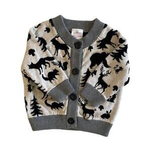 Hanna Andersson Woodland Animal Print Cardigan Sweater Gray Black Size 60 3-6M